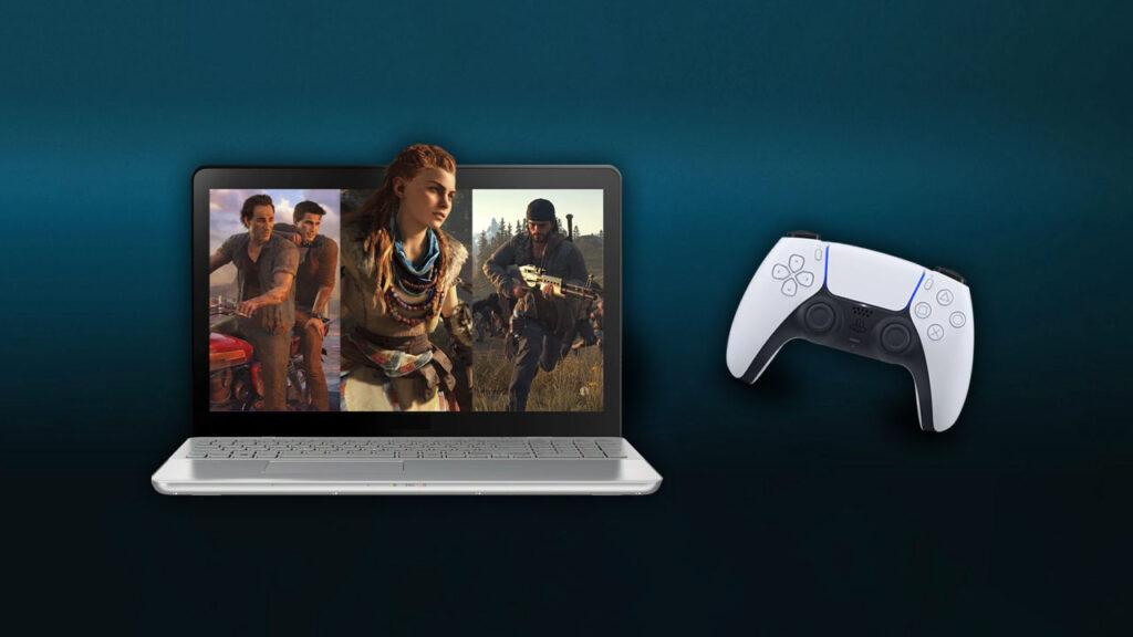 Nathan Drake, Aloy and St. Deacon John on a laptop screen with a PS 5 controller on the side