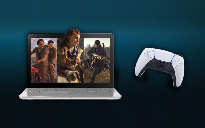 Nathan Drake, Aloy ve St. Deacon John, yanında PS 5 kontrolörü olan bir dizüstü bilgisayar ekranında