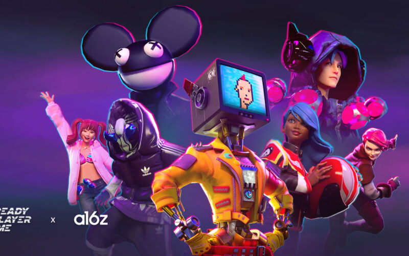 Mor bir arka planda kamera için poz veren Ready Player Me avatarları