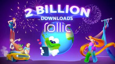 Rollic's game characters are celebrating 2 billion downloads on a purple background