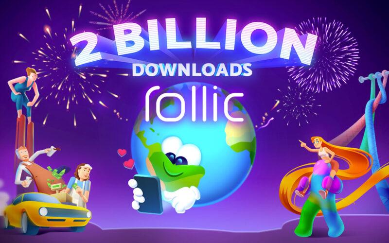Rollic's game characters are celebrating 2 billion downloads on a purple background