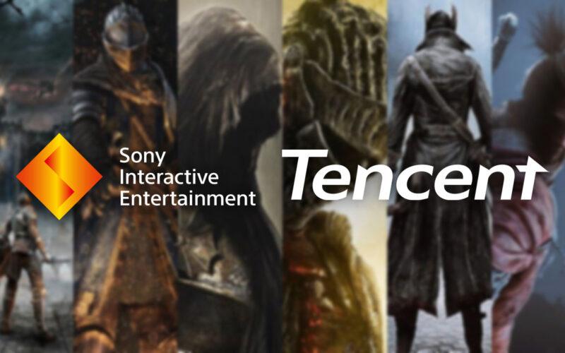 Fromsoftware oyun karakterlerinin portreleri üzerinde Sony ve Tencent logoları