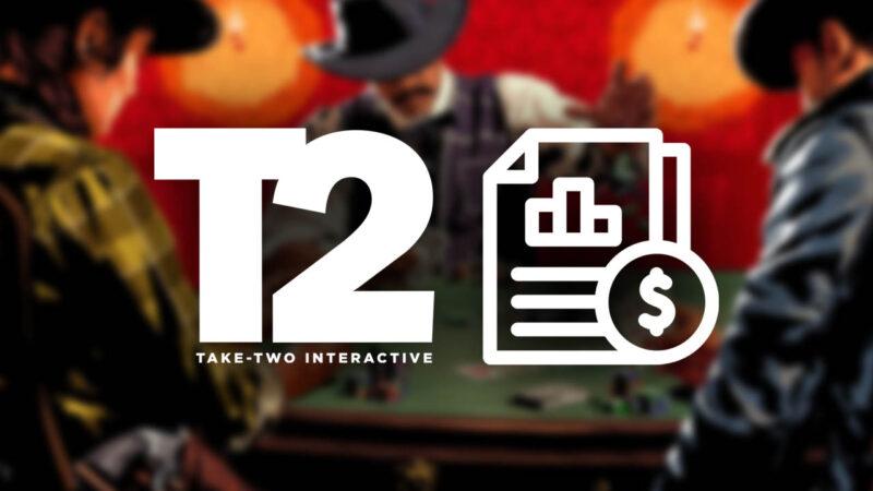 Take-Two logo side by side with a financial report drawing,, background includes cowboys playing poker
