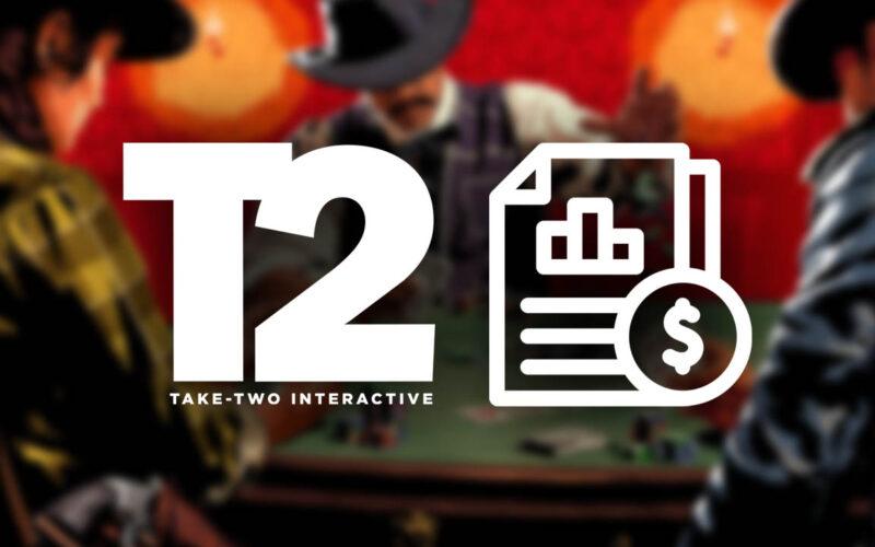 Take-Two logo side by side with a financial report drawing,, background includes cowboys playing poker