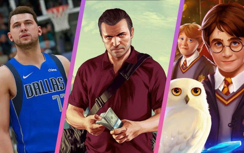 Take-Two-Interactive-games-NBA-2K22-Michael-de-Santa-of-GTA-V-and-Harry-Potter-split-into-three-images