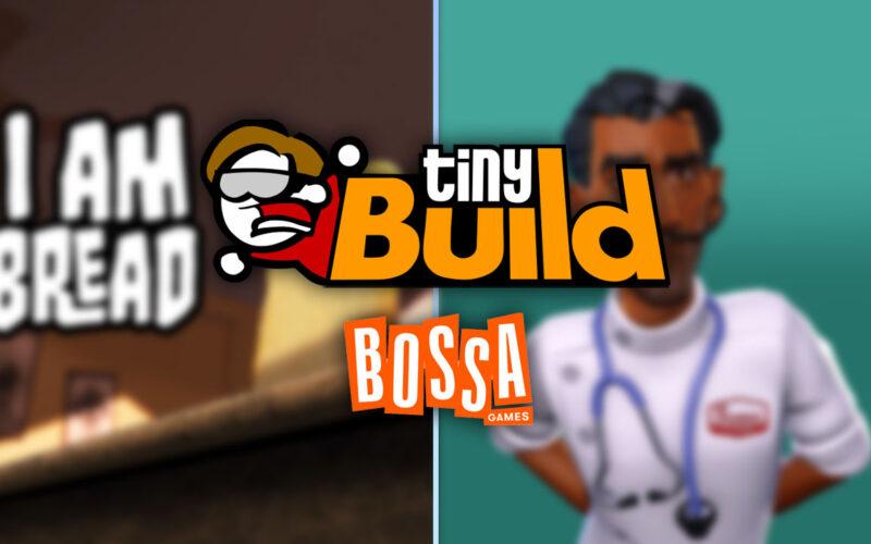 Tiny Build and Bossa Games logos in the foreground, I am bread and Surgeon Simulator characters in the background, looking blurry