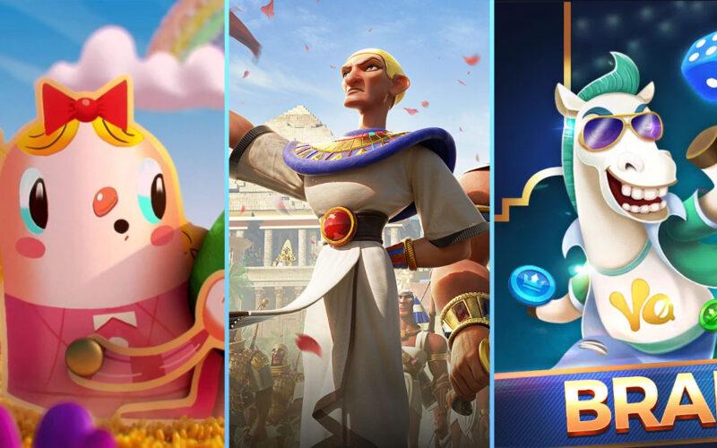 Three mobile game characters side by side