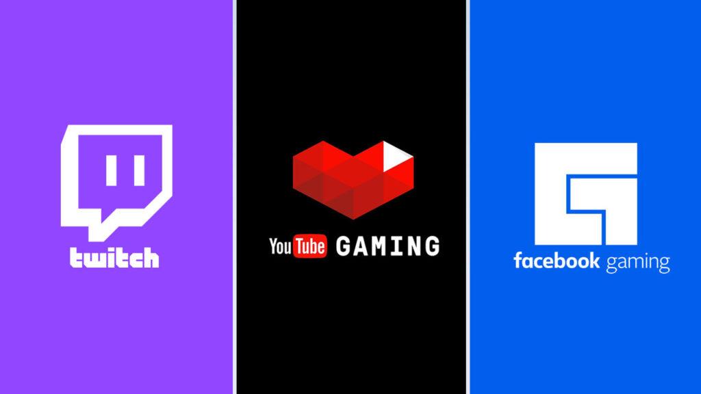 Twitch Youtube Gaming and Facebook Gaming logos