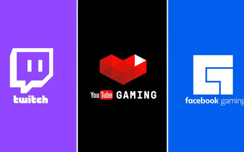 Twitch Youtube Gaming and Facebook Gaming logos