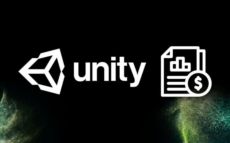 Renkli parçacıklarla siyah bir arka planda çizilen bir belge ve Unity logosu