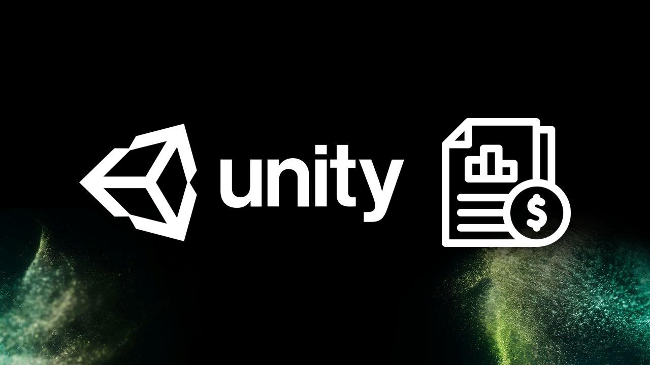 Unity logo with a document drawing on a black background with colorful particles