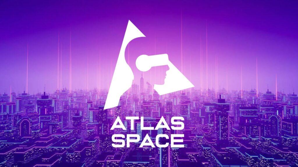 Mor bir şehir silüetinin üzerinde Atlas Space logosu
