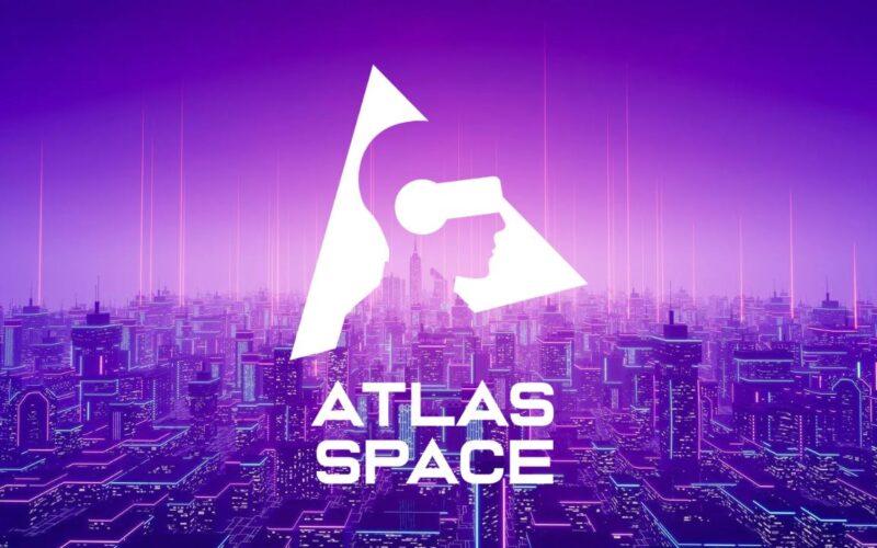 Mor bir şehir silüetinin üzerinde Atlas Space logosu