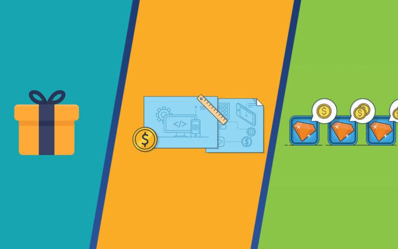 Drawings of a gift box on the left, coin and blue prints in the center and on the far right diamonds and gold coins