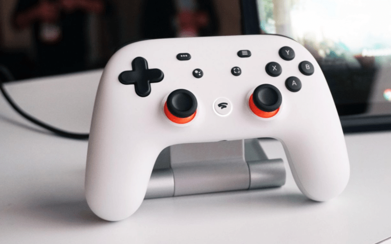 A white Google Stadia controller
