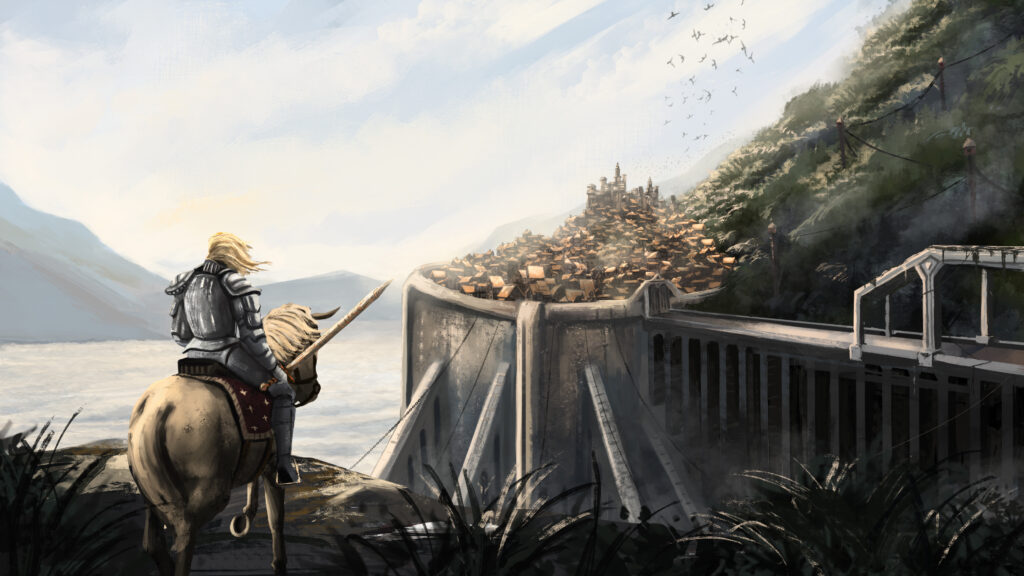 A knight is riding their horse on the edge of cliff towards a castle