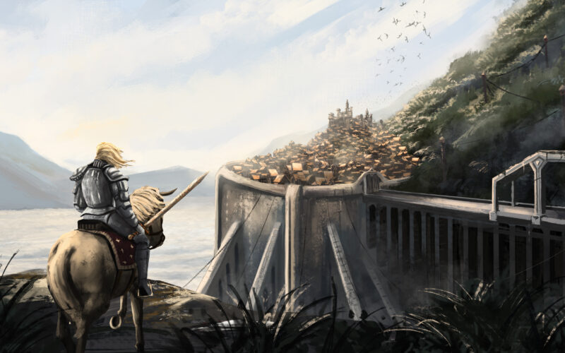 A knight is riding their horse on the edge of cliff towards a castle