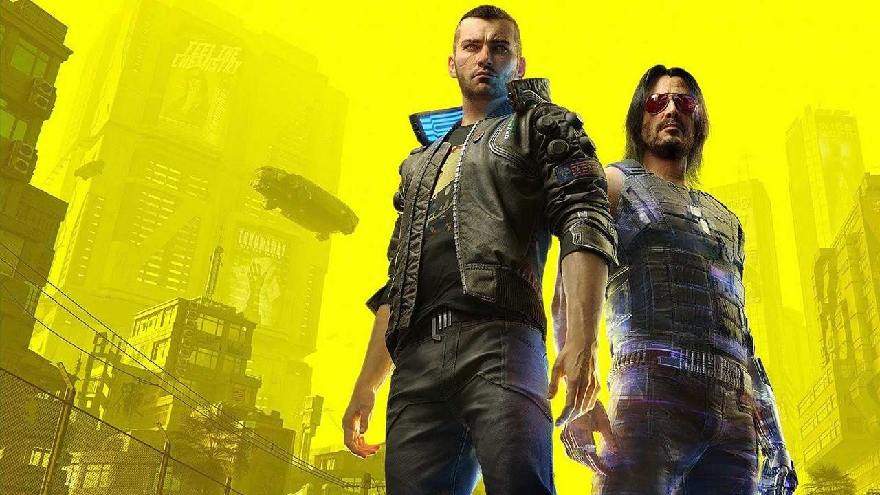 Cyberpunk's V and Silverhand with the Night City in the background