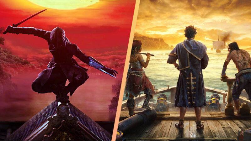 A Japanese assassin silhoutte on the left, Skull and Bones pirates on the right