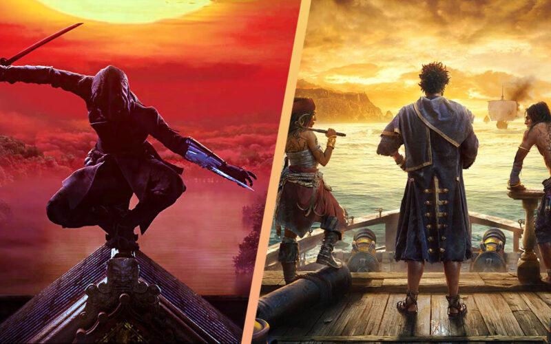 Solda bir Japon suikastçı silueti, sağda Skull and Bones korsanları