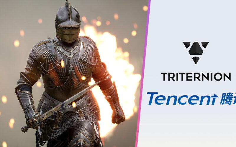 A Mordhau warrior on the left, Triternion and Tencent logos on the right