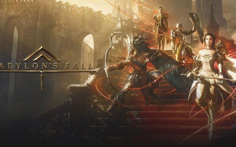 Bir merdiven üzerinde poz veren Babylon's Fall nöbetçileri