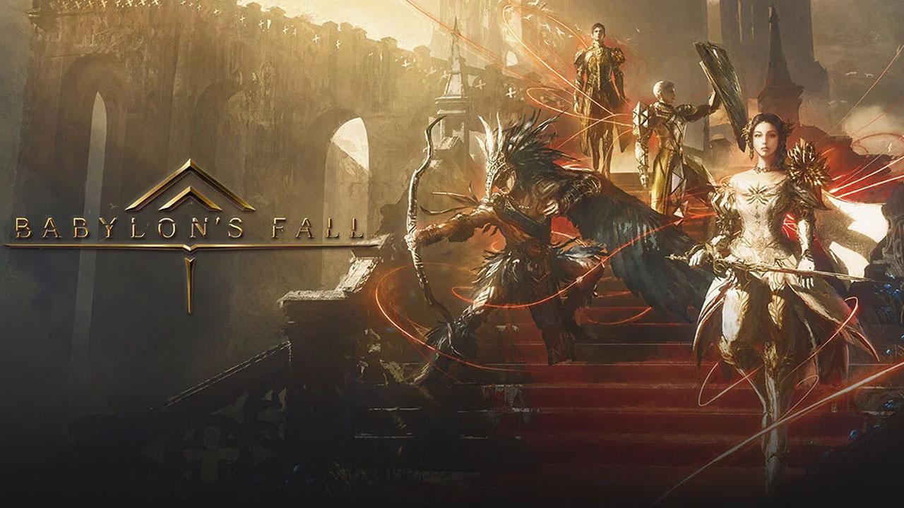 Bir merdiven üzerinde poz veren Babylon's Fall nöbetçileri
