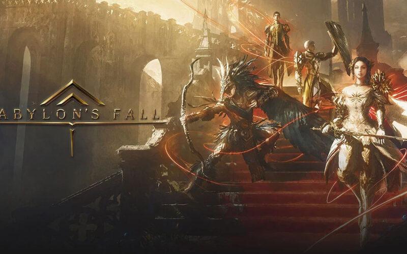 Sentinels from Babylon's Fall on a staircase posing for the hero art