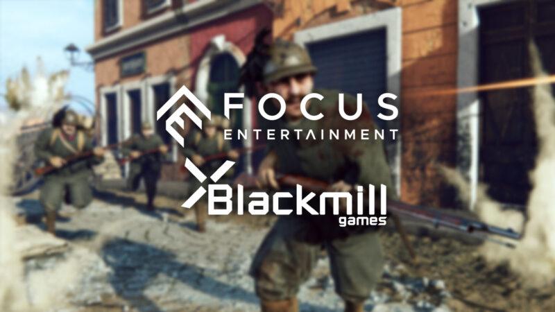 Focus Entertainment BlackMill oyunları logoları ön planda, Isonzo'daki İtalyan 1. Dünya Savaşı askeri arka planda bir hedefe saldırıyor