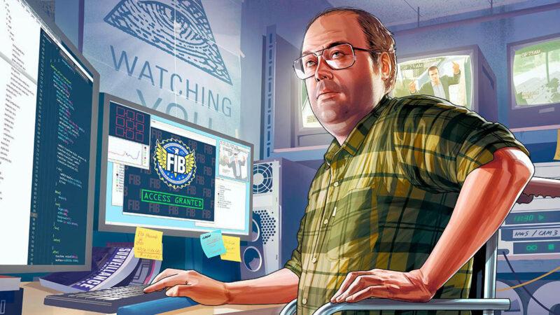 GTA V's Lester Crest sitting in front of a PC, hacking an agency