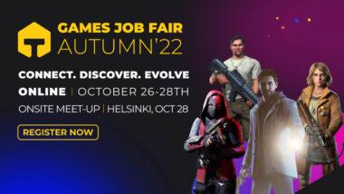 Several video game characters on the right posing next to Games Job Fair logo