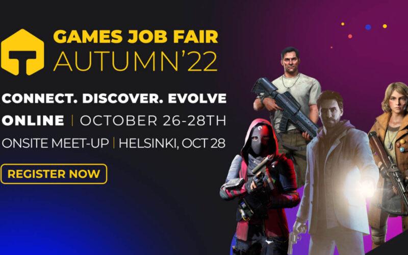 Several video game characters on the right posing next to Games Job Fair logo