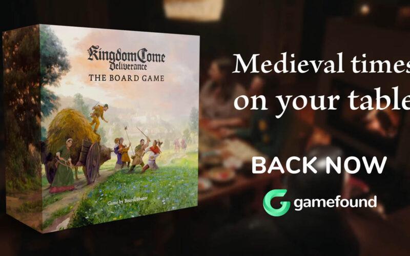 Kingdom Come Deliverance The boardgame box with a promotional text and players in the background