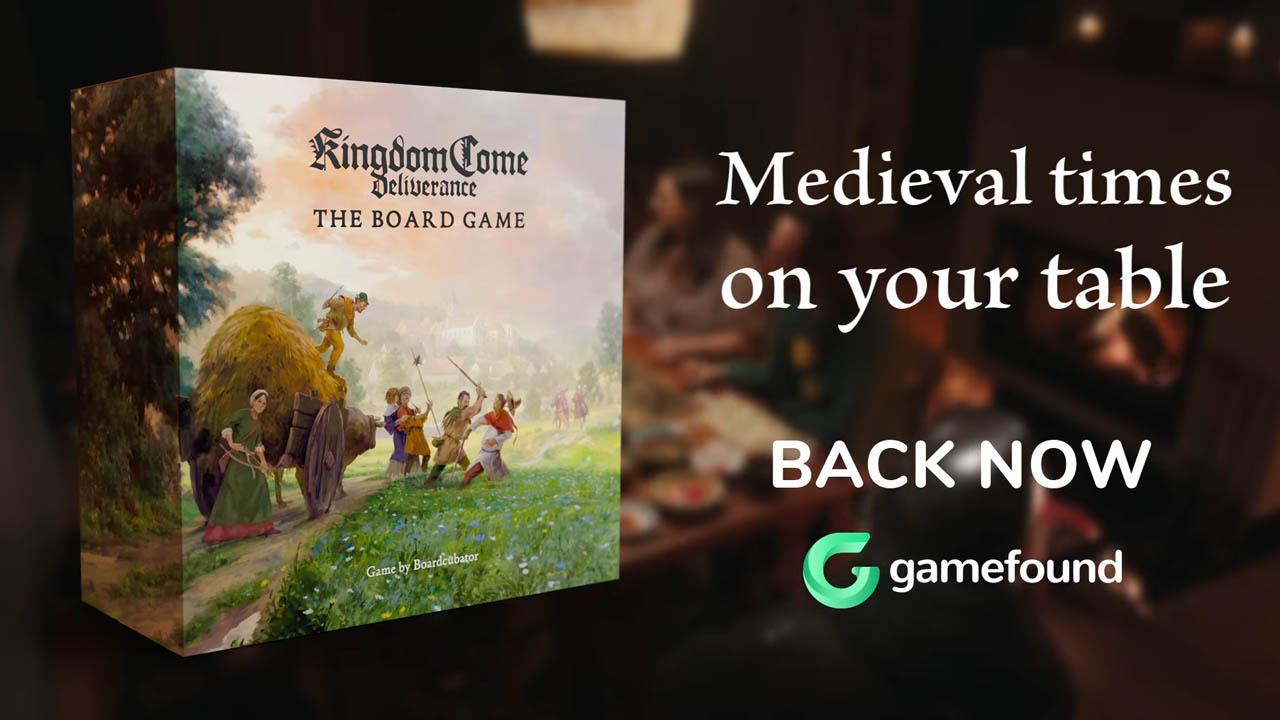 Kingdom Come Deliverance The boardgame box with a promotional text and players in the background
