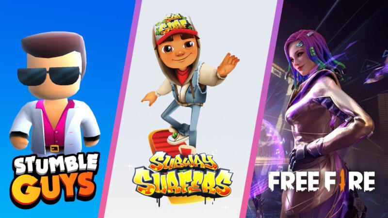 Characters from Stumble Guys, Subway Surfers and Garena Free Fire in a split-three image