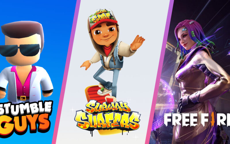 Characters from Stumble Guys, Subway Surfers and Garena Free Fire in a split-three image