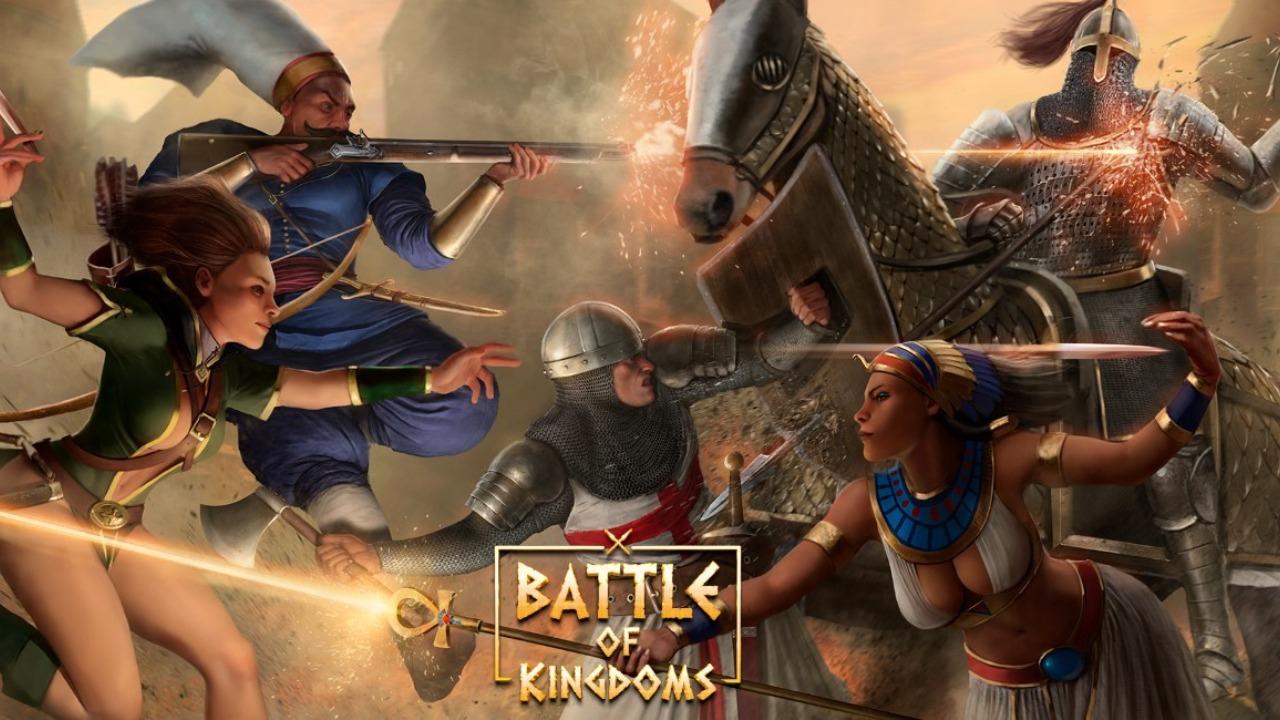 Battle of Kingdoms logosunun üstünde Battle of Kingdoms karakterleri