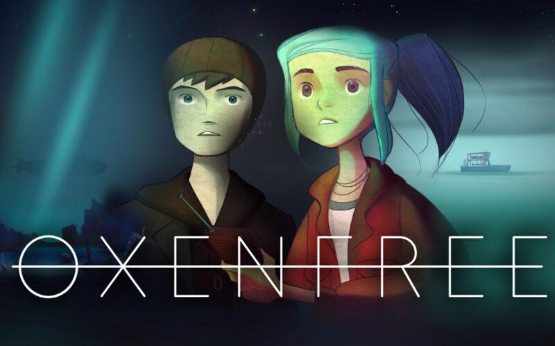 Oxenfree characters over Oxenfree logo