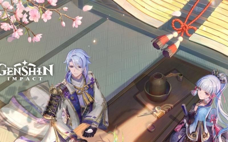 Genshin Impact characters Ayato and Ayaka in a temple