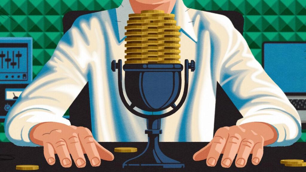 Drawing of a man sitting in front of a microphone made out of coins