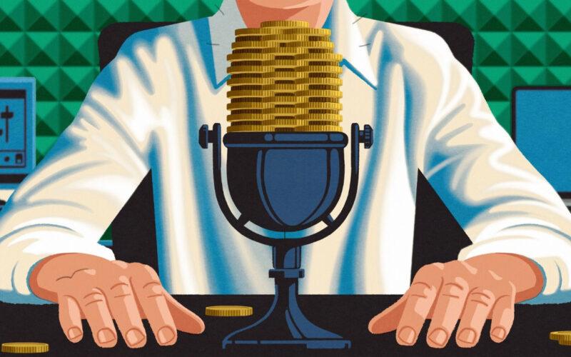 Drawing of a man sitting in front of a microphone made out of coins