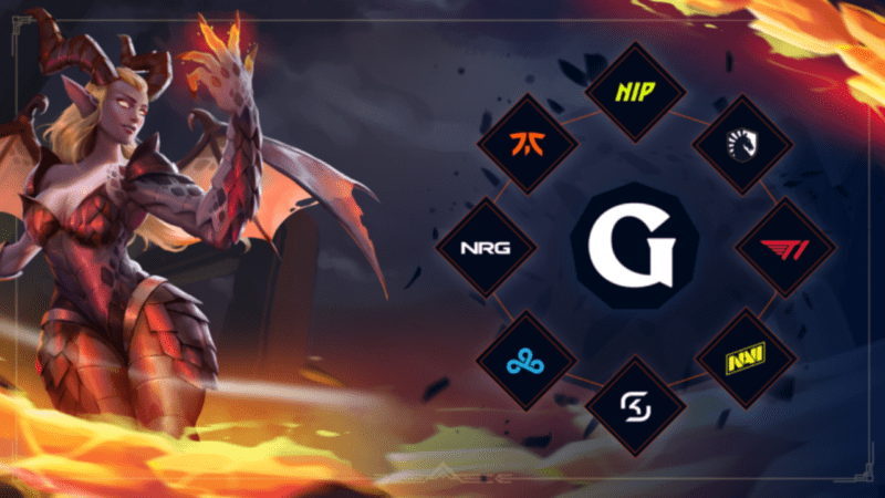 A succubus from Guild of Guardians next to Guild of Guardians logo surrounded by eight esports partner logos