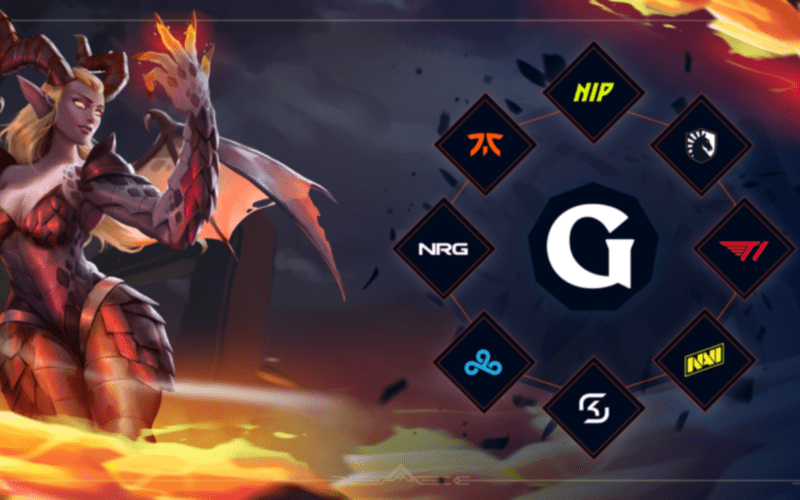 A succubus from Guild of Guardians next to Guild of Guardians logo surrounded by eight esports partner logos