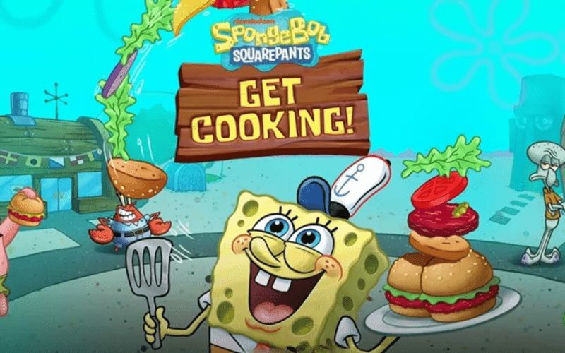 Spongebob, Patrick Star, and Squdward in Bikini Bottom with Spongebob: Get Cooking! logo over them
