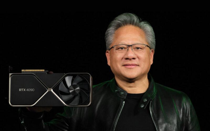Nvidia CEO Jensen Huang holding the new RTX 4090 GPU