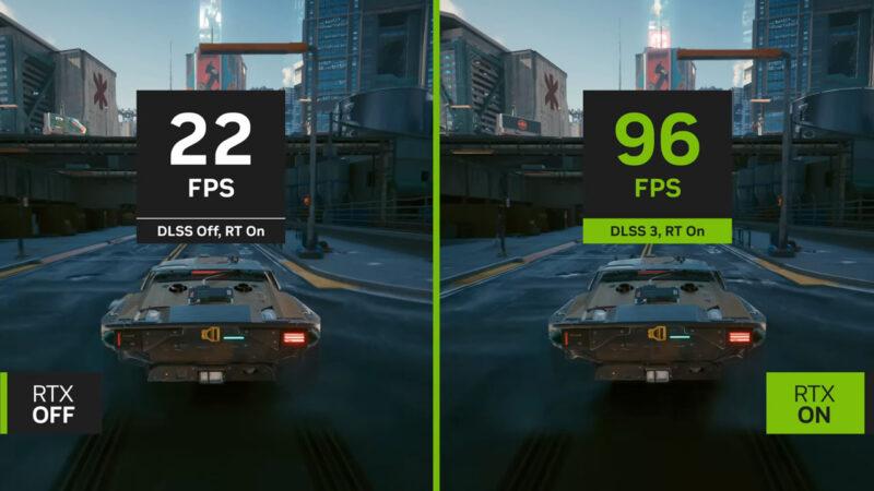 Side by side frame rate comparison from Cyberpunk 2077, player drives the same car