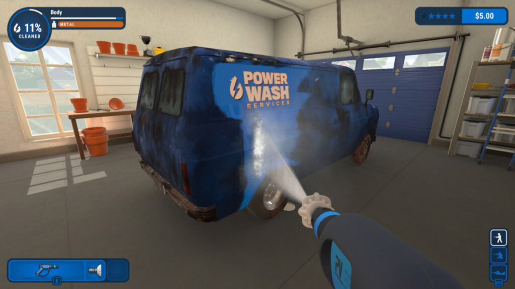 A player power washing a dirty van