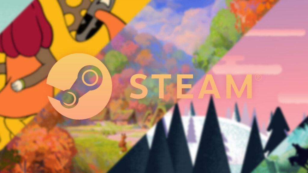 Steam logo with gaming scenes representing four seasons in the background