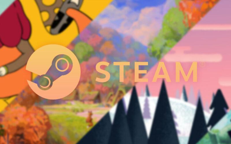 Steam logo with gaming scenes representing four seasons in the background