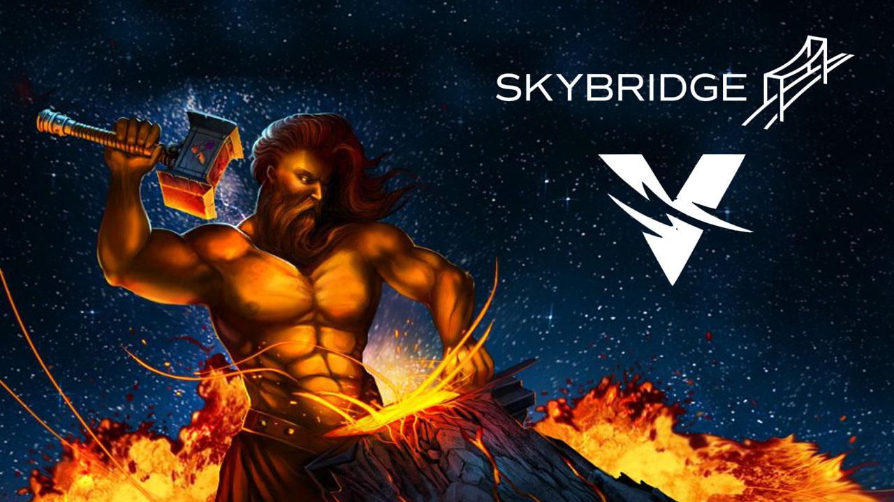 A blacksmith forging an item, with Vulcan and SkyBridge logos on the top right corner